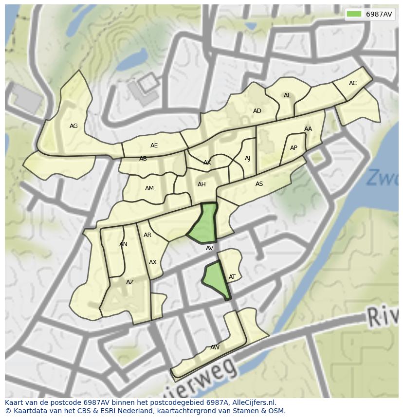 Afbeelding van het postcodegebied 6987 AV op de kaart.
