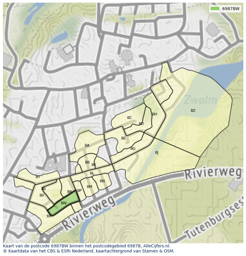Afbeelding van het postcodegebied 6987 BW op de kaart.