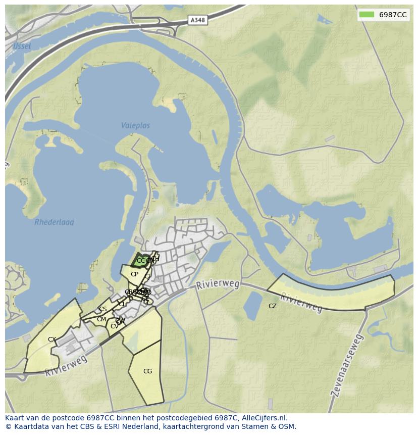 Afbeelding van het postcodegebied 6987 CC op de kaart.