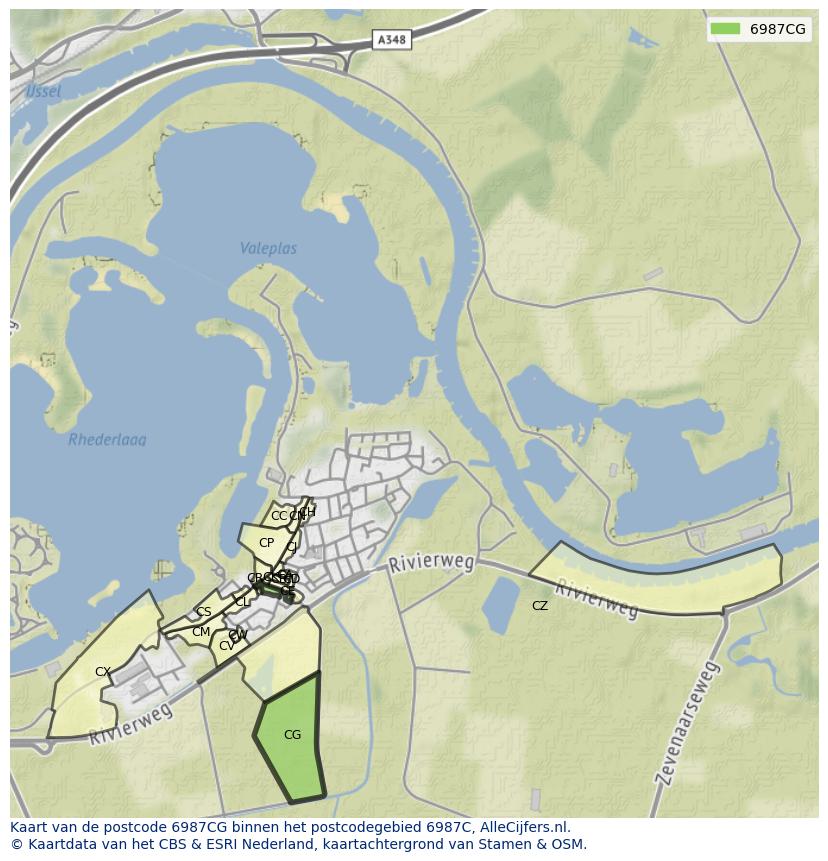 Afbeelding van het postcodegebied 6987 CG op de kaart.