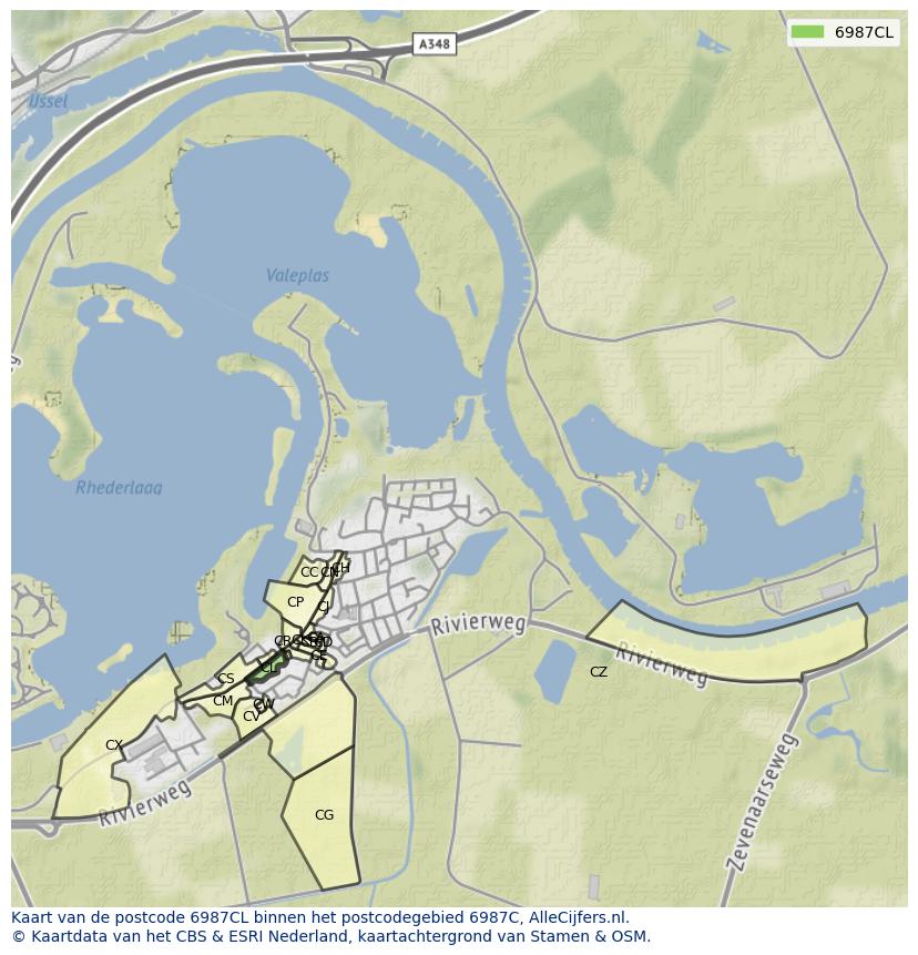 Afbeelding van het postcodegebied 6987 CL op de kaart.