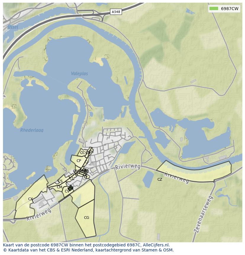 Afbeelding van het postcodegebied 6987 CW op de kaart.