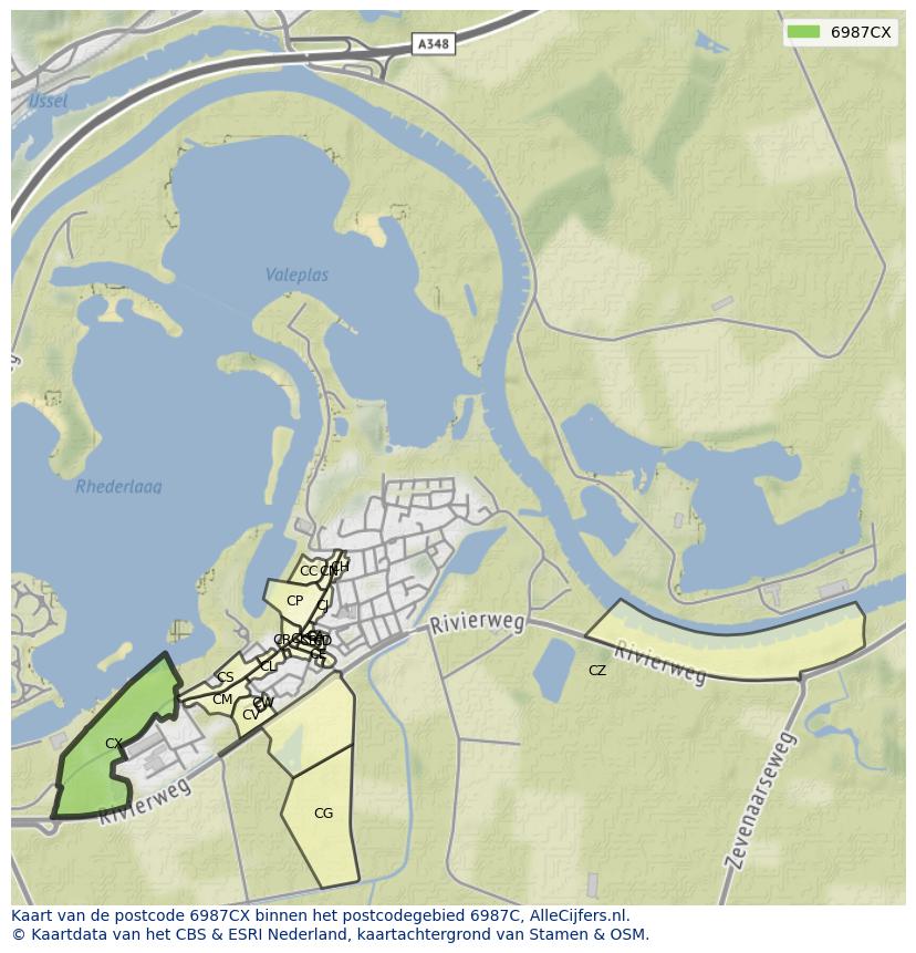 Afbeelding van het postcodegebied 6987 CX op de kaart.