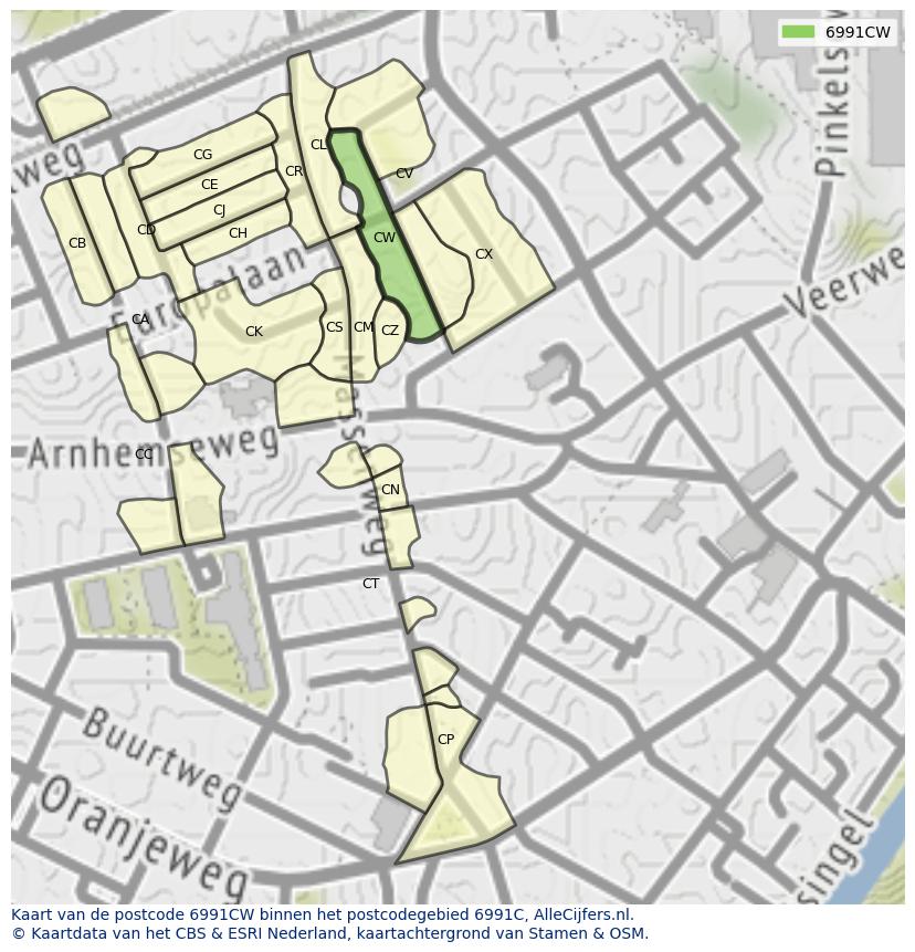 Afbeelding van het postcodegebied 6991 CW op de kaart.