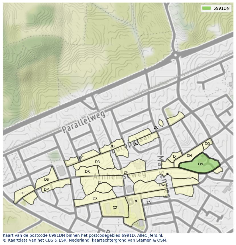 Afbeelding van het postcodegebied 6991 DN op de kaart.
