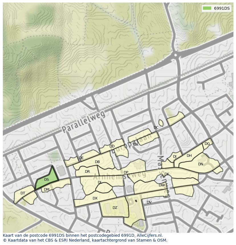 Afbeelding van het postcodegebied 6991 DS op de kaart.