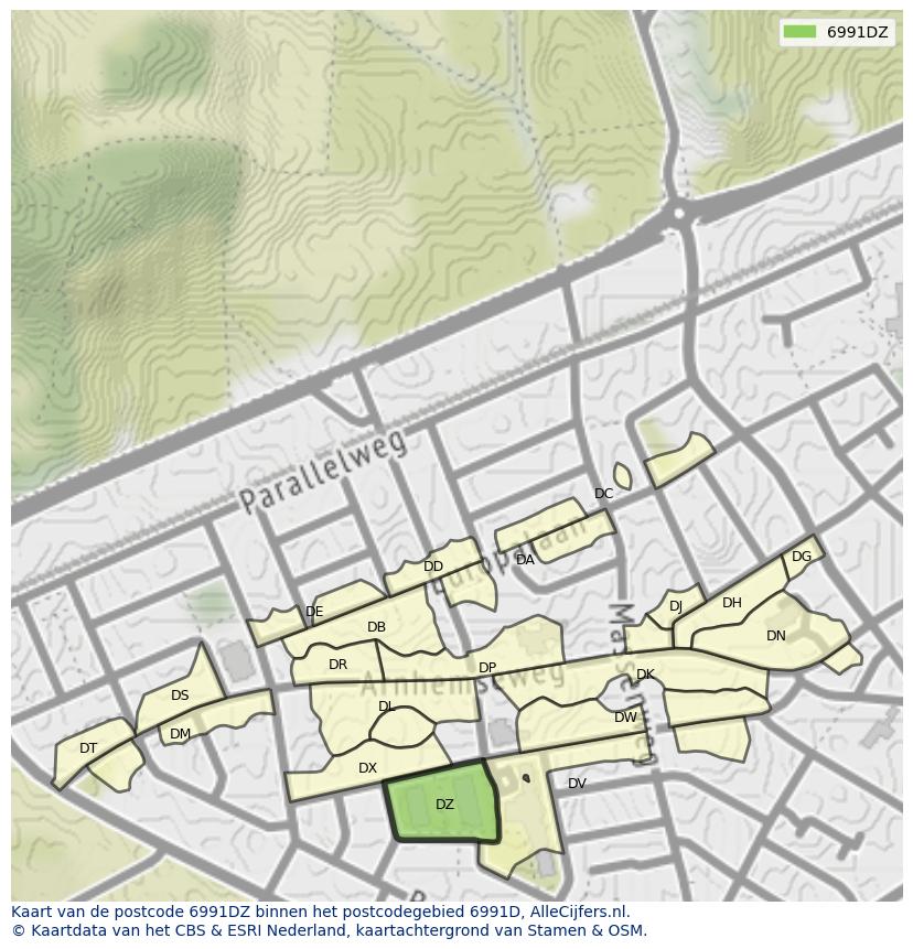 Afbeelding van het postcodegebied 6991 DZ op de kaart.
