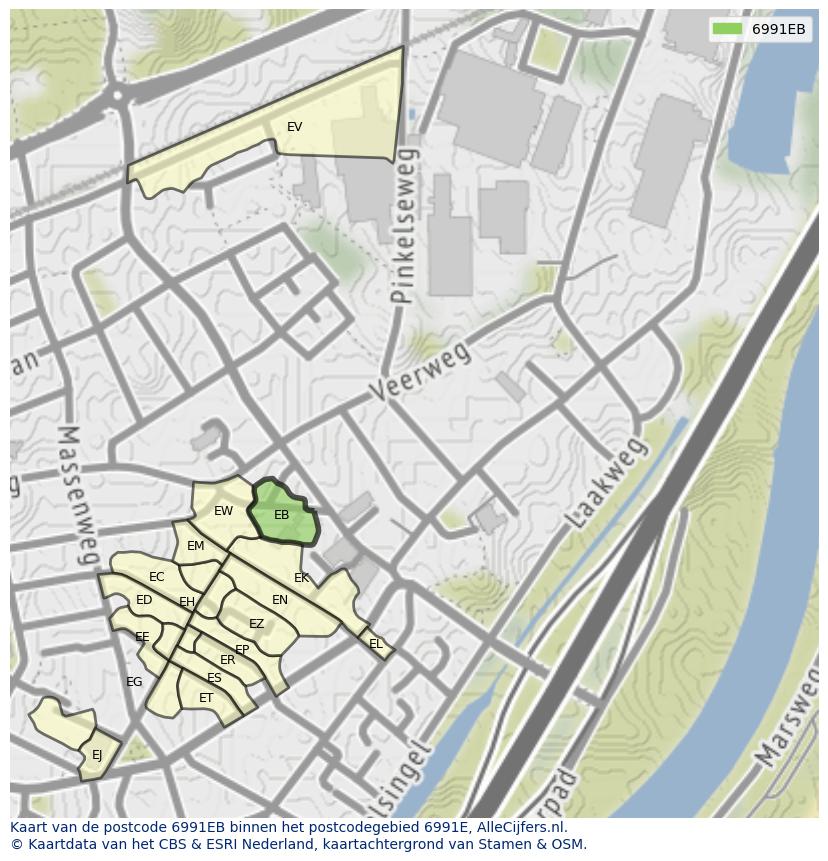 Afbeelding van het postcodegebied 6991 EB op de kaart.