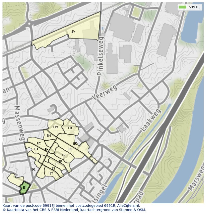 Afbeelding van het postcodegebied 6991 EJ op de kaart.