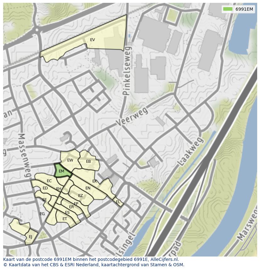 Afbeelding van het postcodegebied 6991 EM op de kaart.
