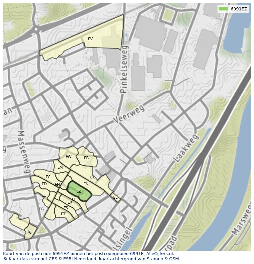 Afbeelding van het postcodegebied 6991 EZ op de kaart.