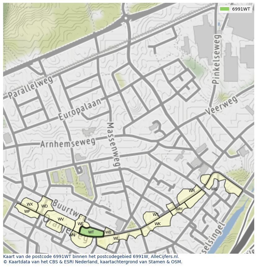 Afbeelding van het postcodegebied 6991 WT op de kaart.