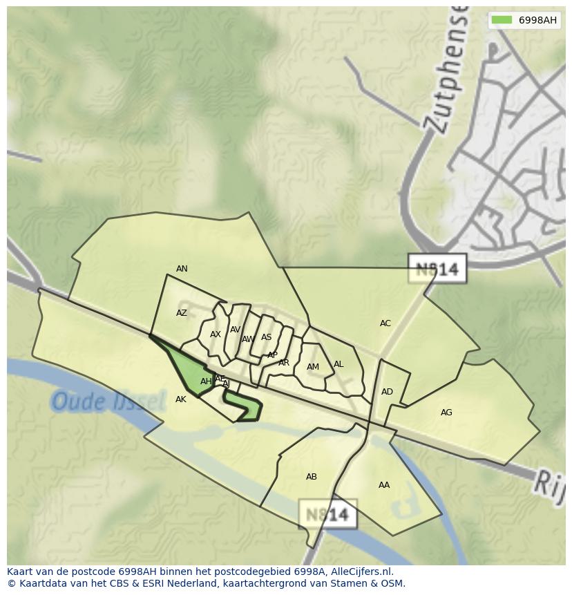 Afbeelding van het postcodegebied 6998 AH op de kaart.