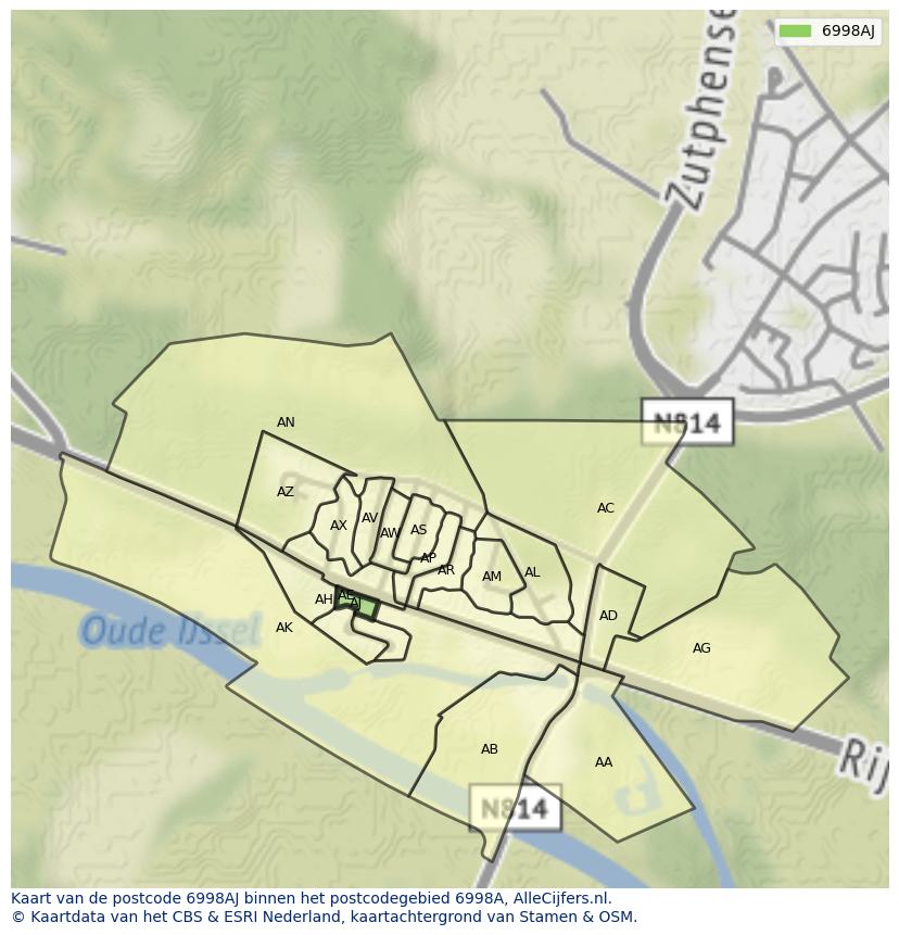 Afbeelding van het postcodegebied 6998 AJ op de kaart.