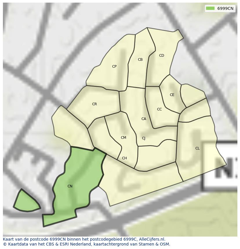 Afbeelding van het postcodegebied 6999 CN op de kaart.