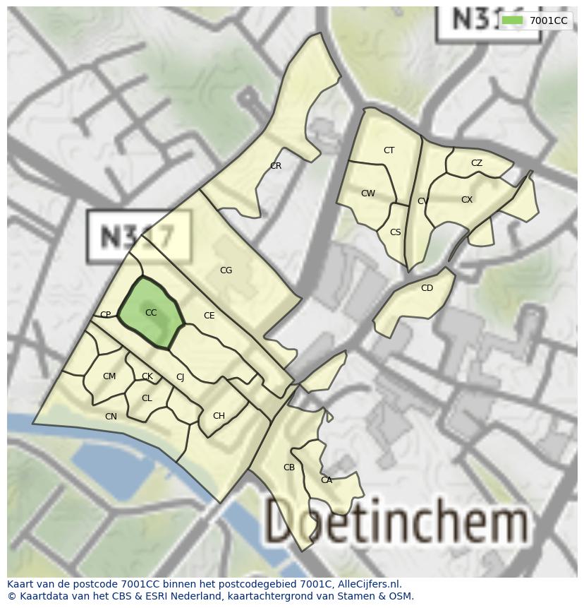 Afbeelding van het postcodegebied 7001 CC op de kaart.