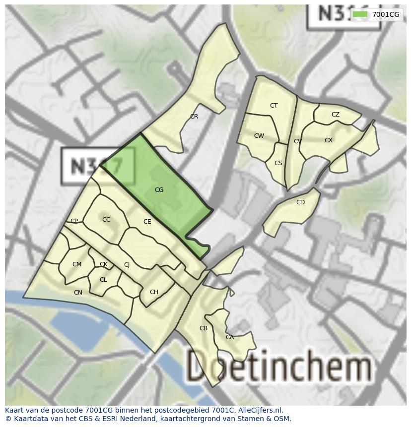Afbeelding van het postcodegebied 7001 CG op de kaart.