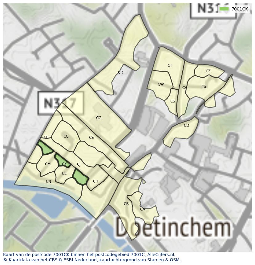 Afbeelding van het postcodegebied 7001 CK op de kaart.
