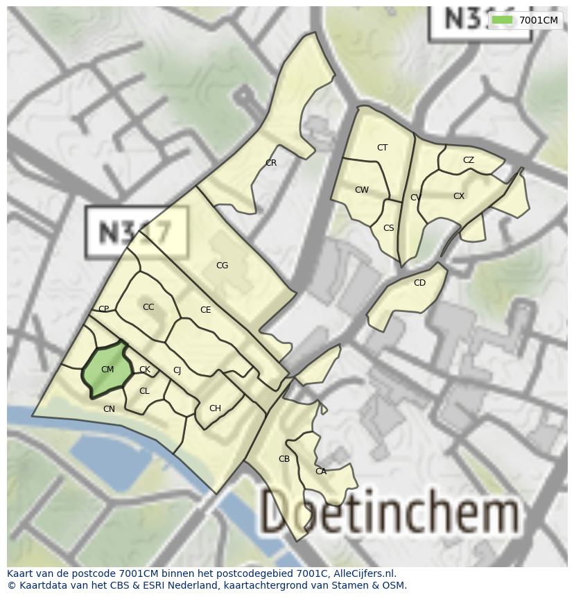 Afbeelding van het postcodegebied 7001 CM op de kaart.