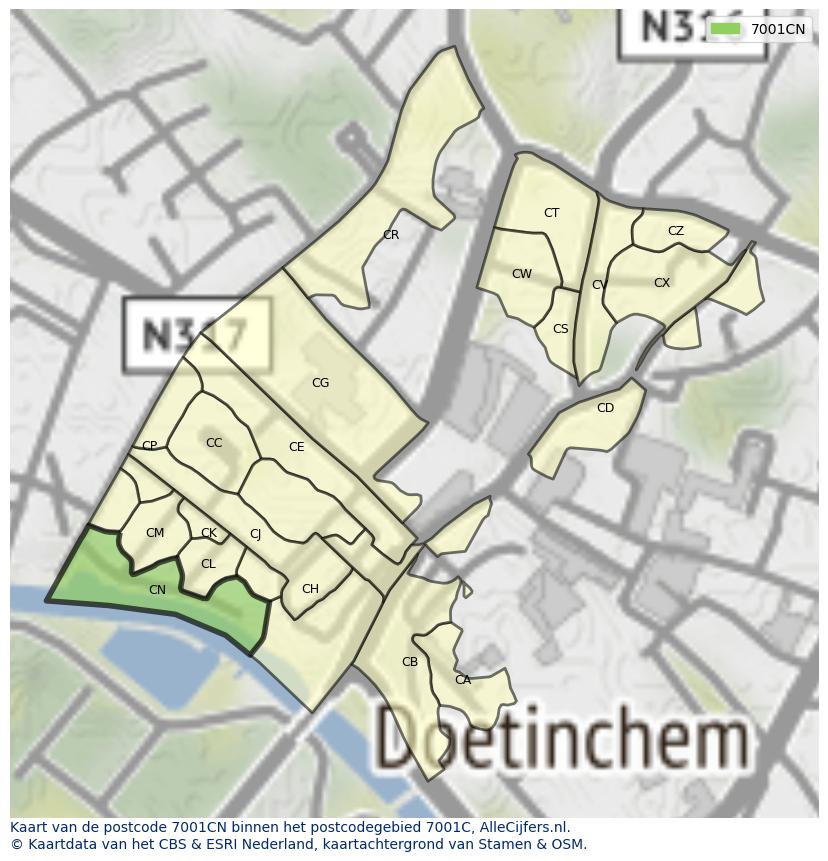 Afbeelding van het postcodegebied 7001 CN op de kaart.
