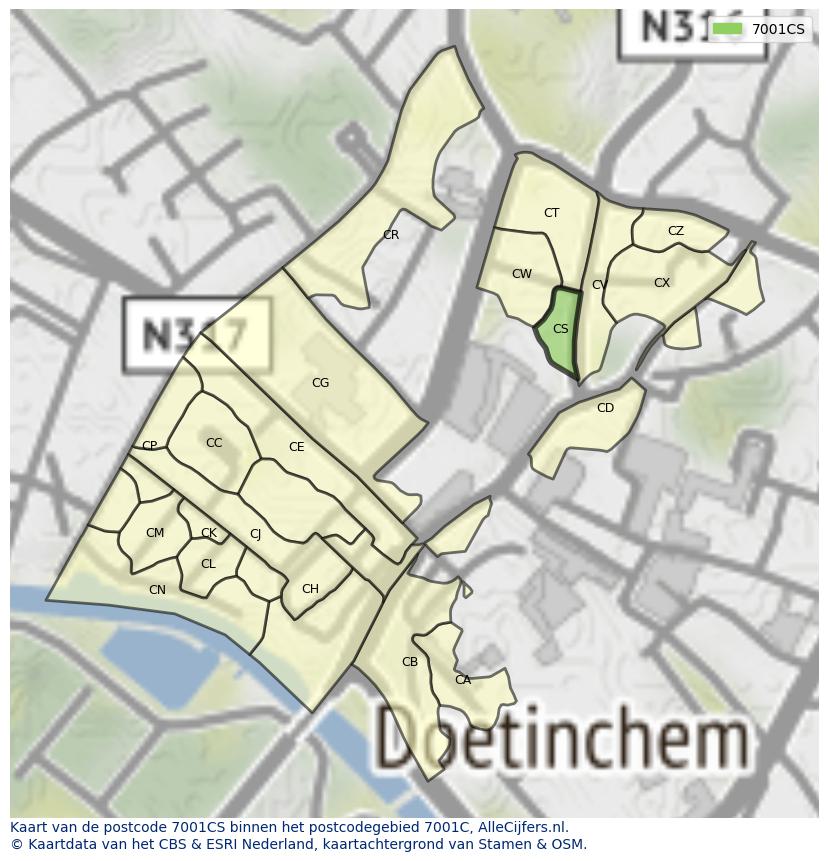 Afbeelding van het postcodegebied 7001 CS op de kaart.