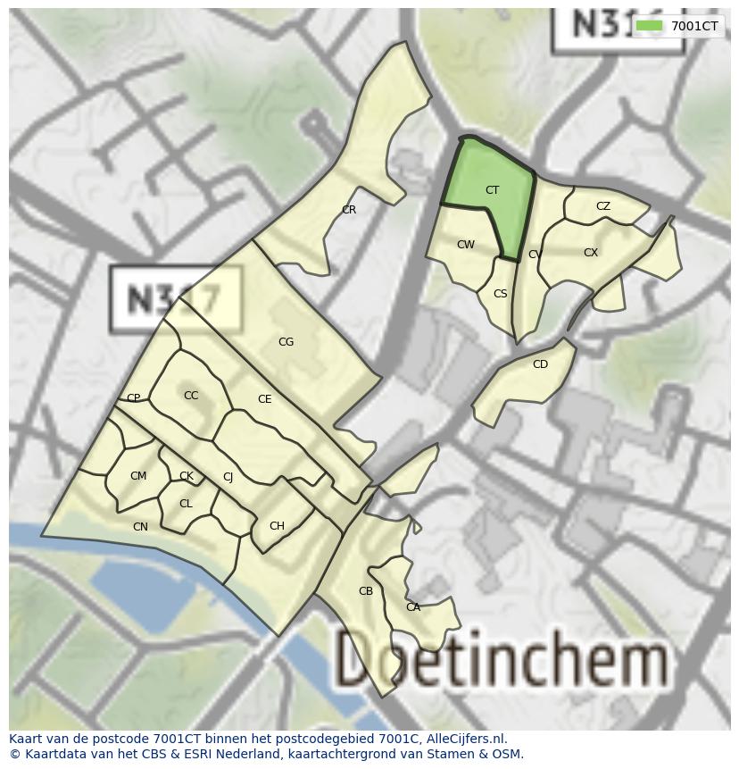 Afbeelding van het postcodegebied 7001 CT op de kaart.