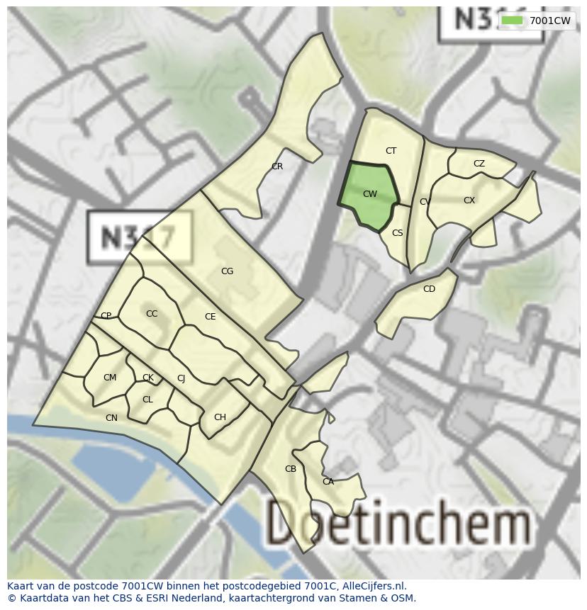 Afbeelding van het postcodegebied 7001 CW op de kaart.