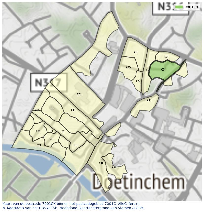 Afbeelding van het postcodegebied 7001 CX op de kaart.