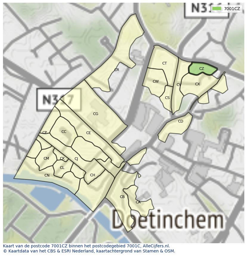 Afbeelding van het postcodegebied 7001 CZ op de kaart.