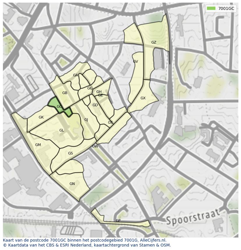 Afbeelding van het postcodegebied 7001 GC op de kaart.