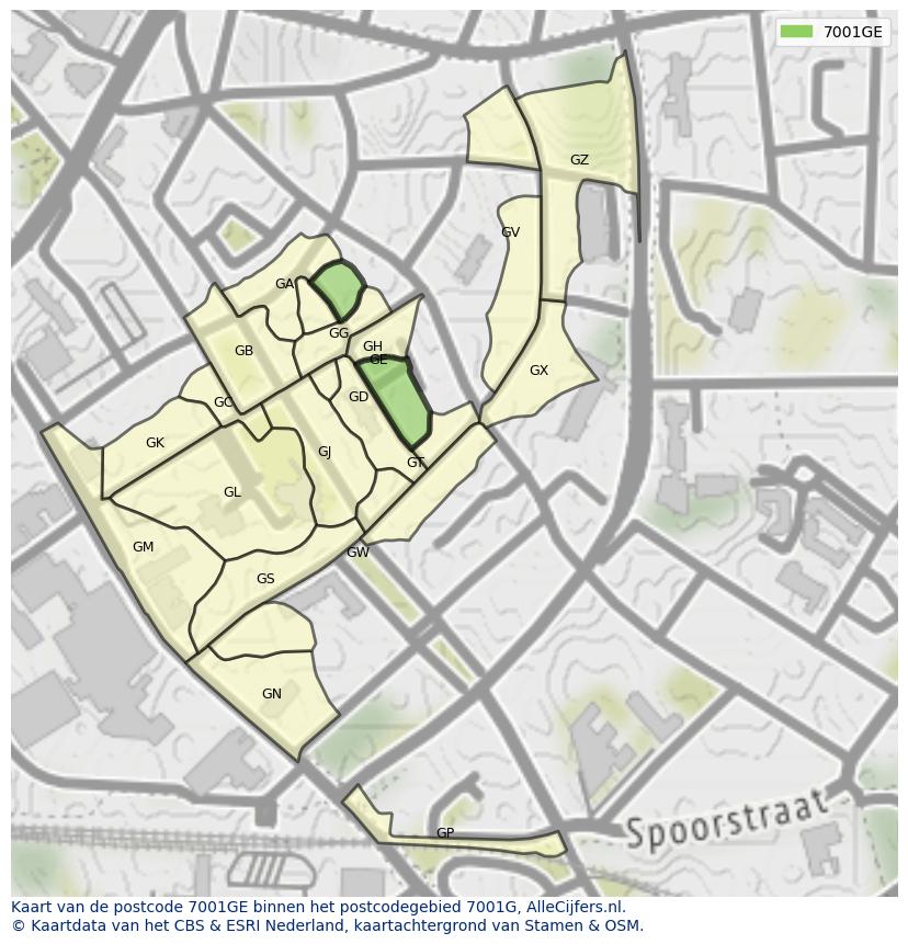 Afbeelding van het postcodegebied 7001 GE op de kaart.