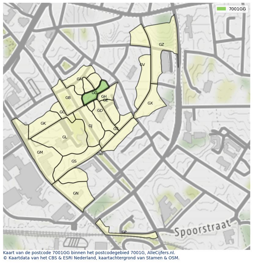 Afbeelding van het postcodegebied 7001 GG op de kaart.