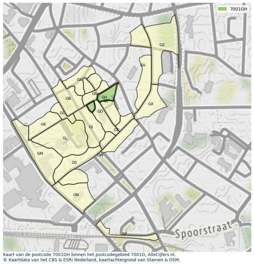 Afbeelding van het postcodegebied 7001 GH op de kaart.