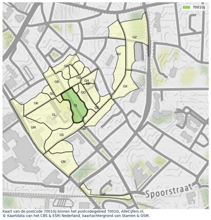 Afbeelding van het postcodegebied 7001 GJ op de kaart.