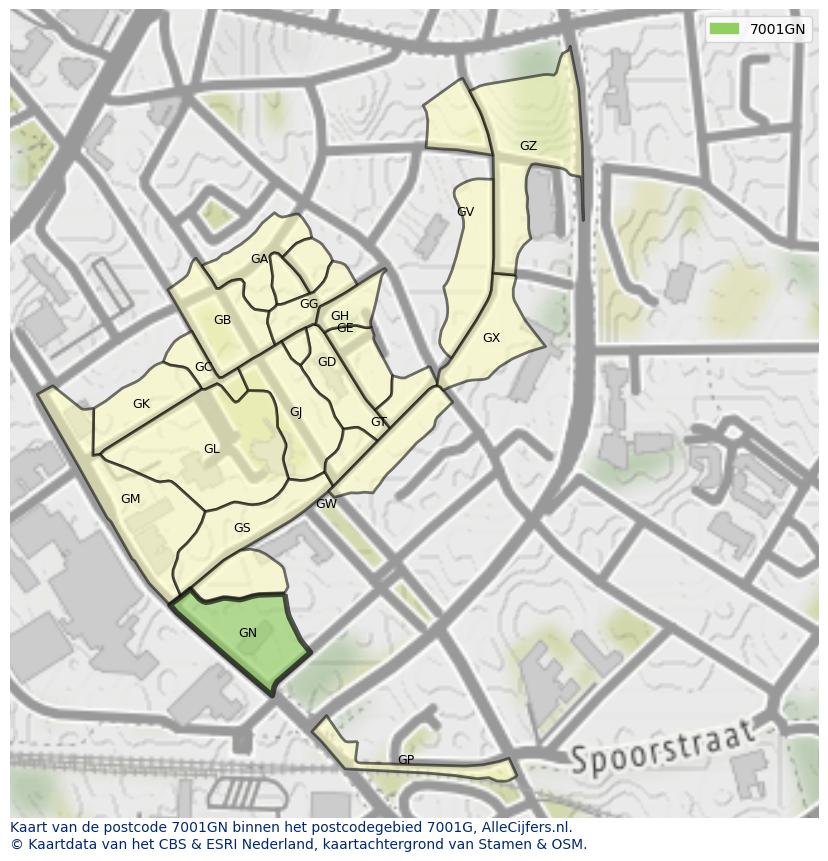 Afbeelding van het postcodegebied 7001 GN op de kaart.