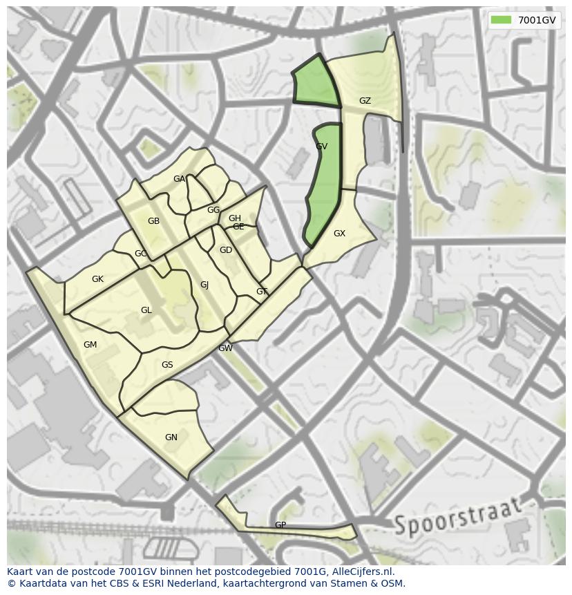 Afbeelding van het postcodegebied 7001 GV op de kaart.