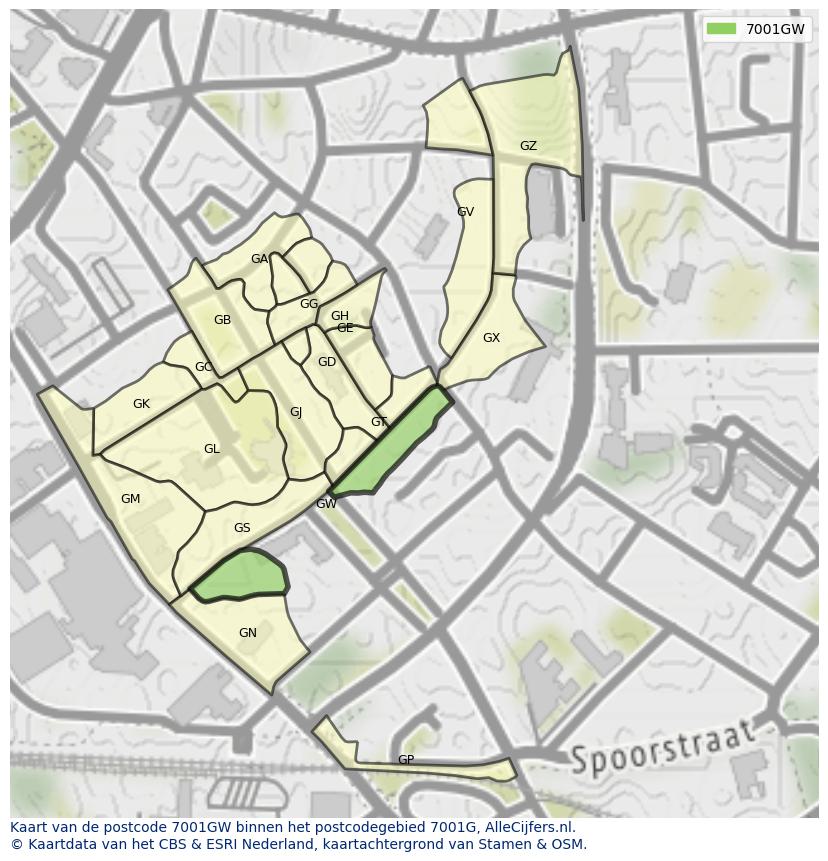 Afbeelding van het postcodegebied 7001 GW op de kaart.