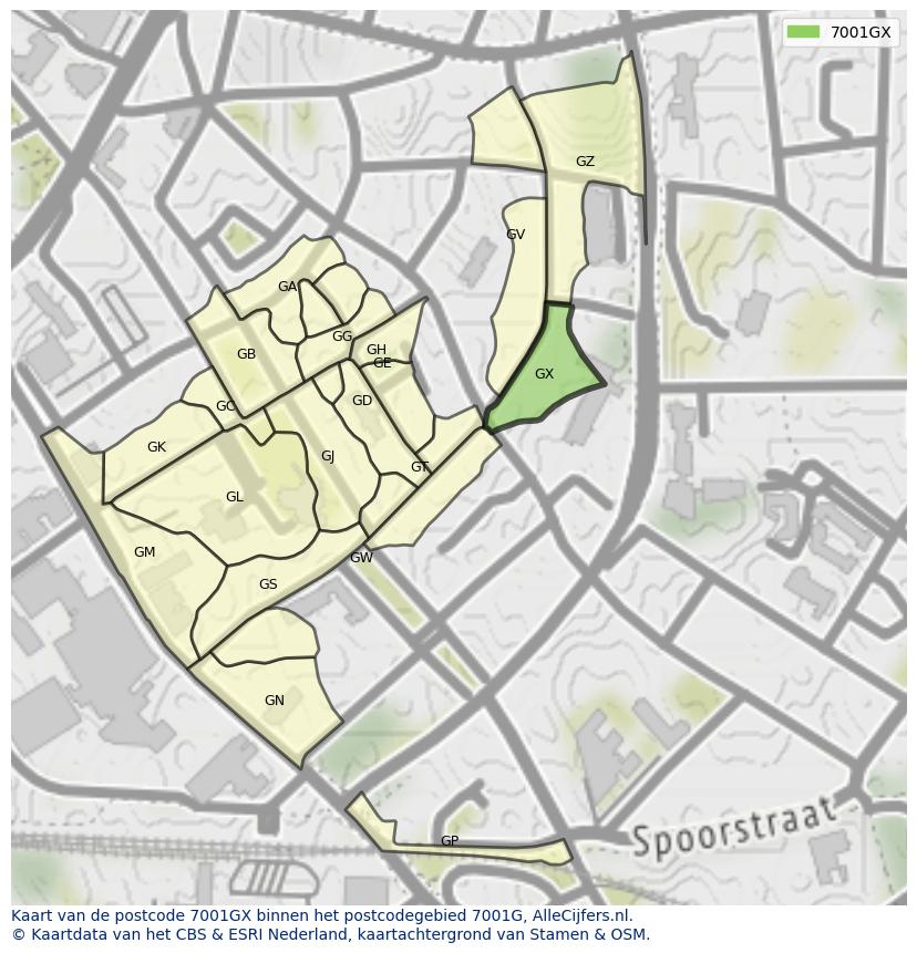 Afbeelding van het postcodegebied 7001 GX op de kaart.