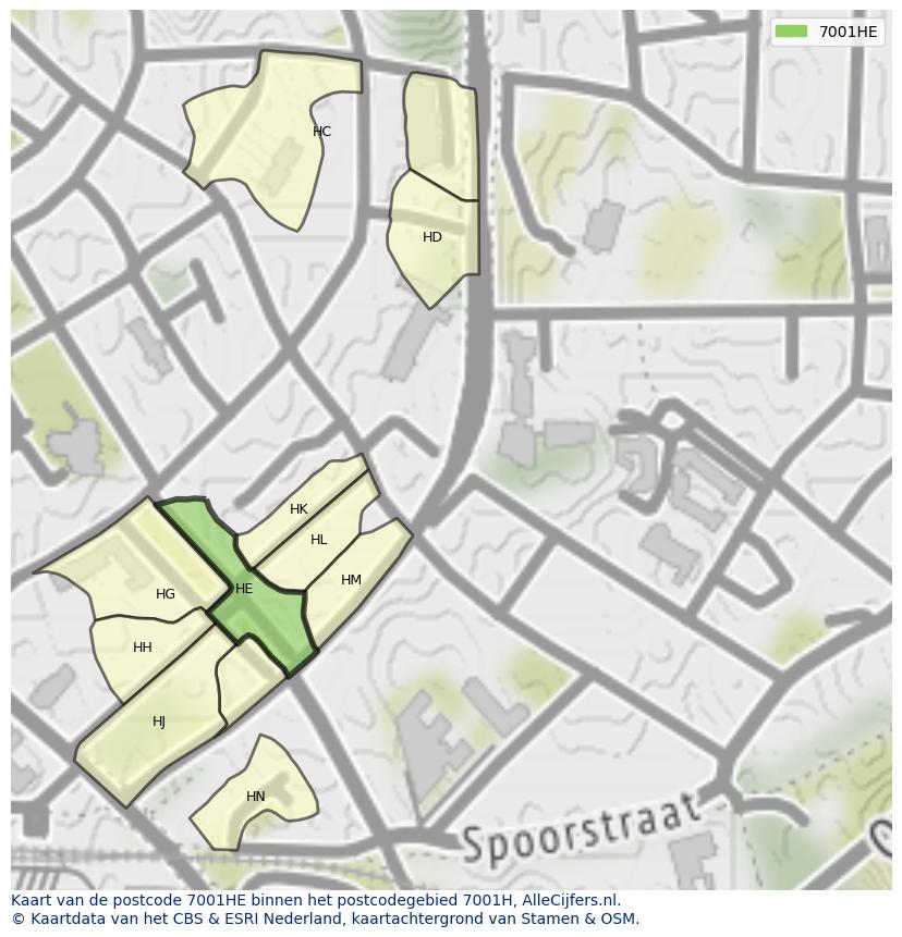 Afbeelding van het postcodegebied 7001 HE op de kaart.