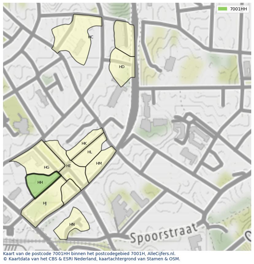 Afbeelding van het postcodegebied 7001 HH op de kaart.