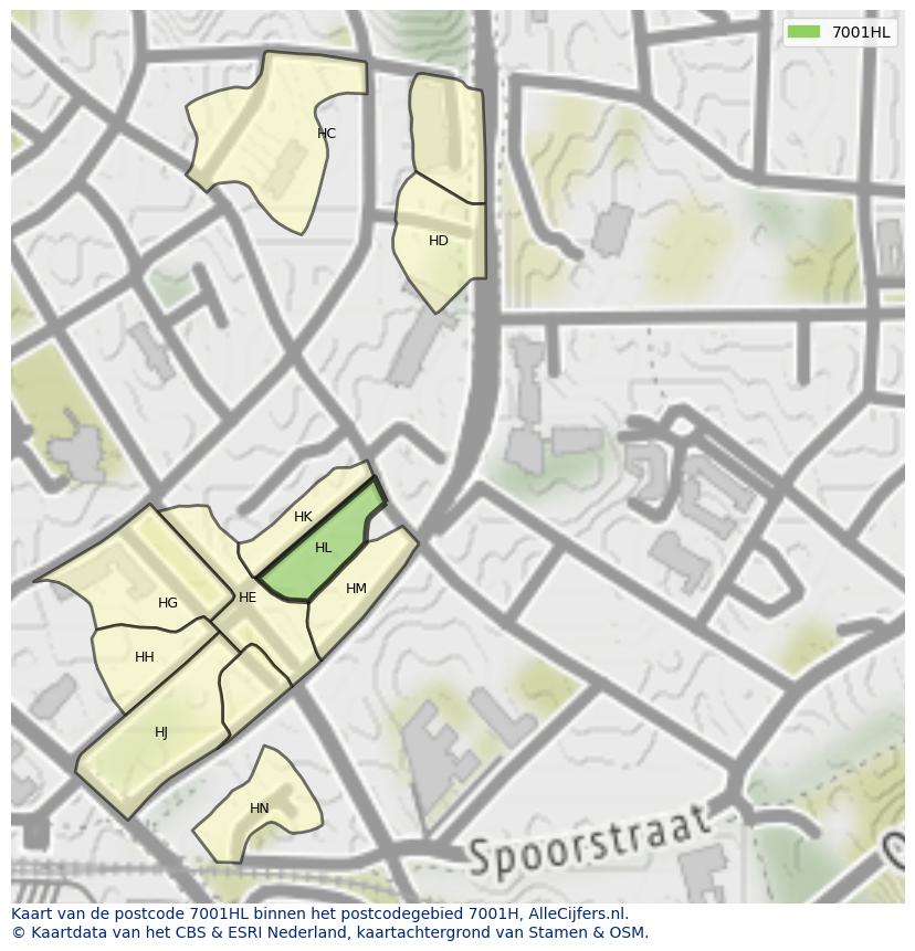 Afbeelding van het postcodegebied 7001 HL op de kaart.