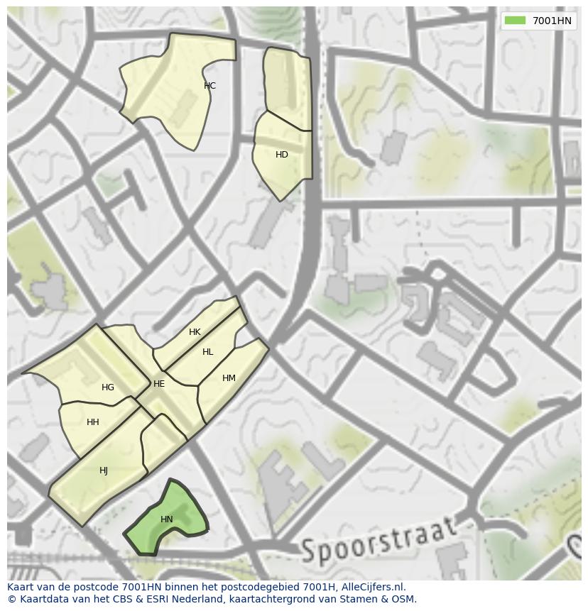 Afbeelding van het postcodegebied 7001 HN op de kaart.