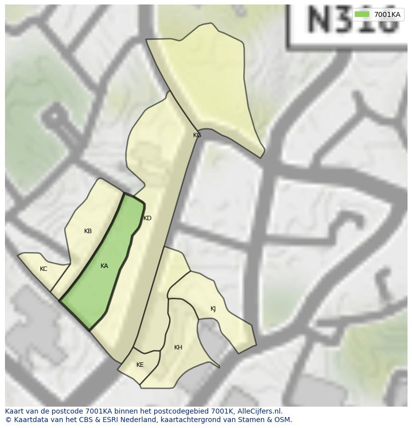 Afbeelding van het postcodegebied 7001 KA op de kaart.