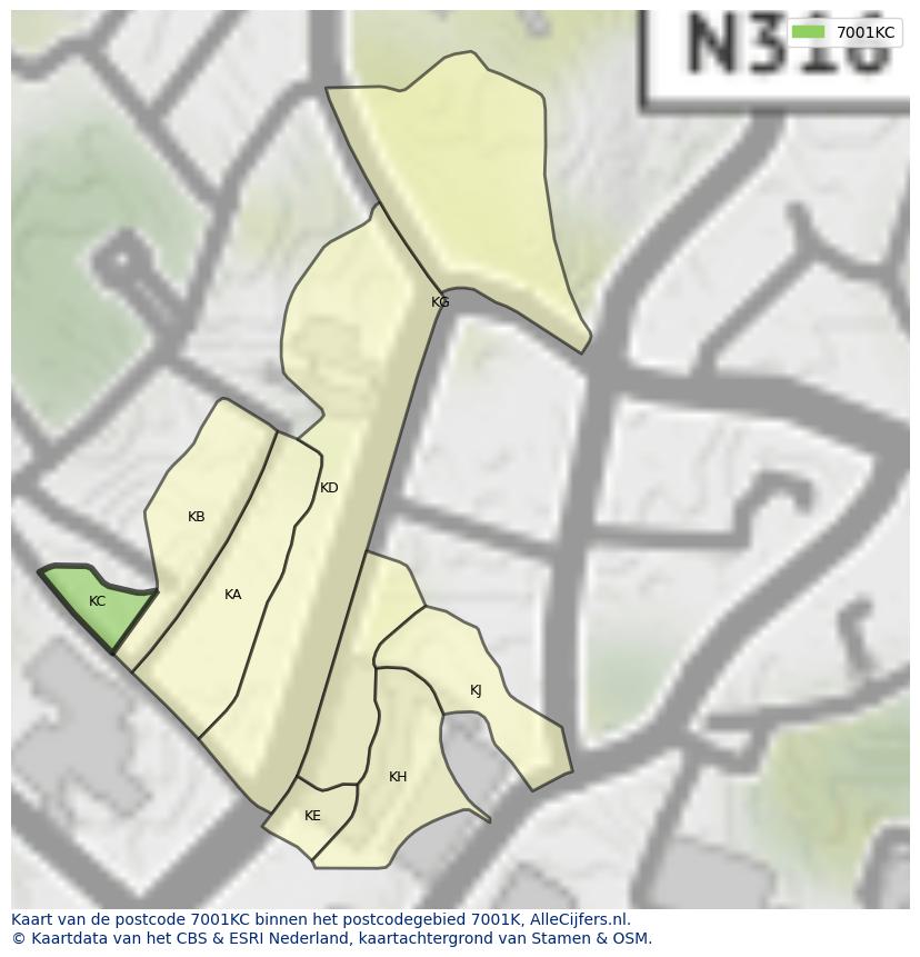 Afbeelding van het postcodegebied 7001 KC op de kaart.