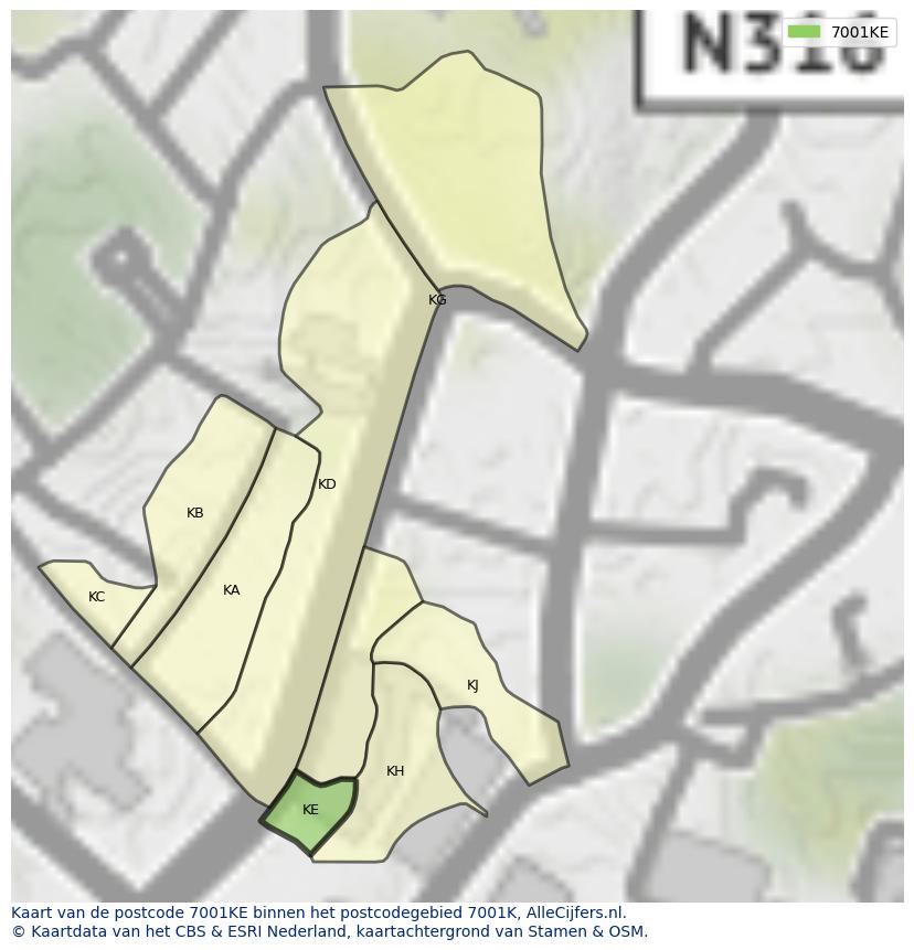 Afbeelding van het postcodegebied 7001 KE op de kaart.