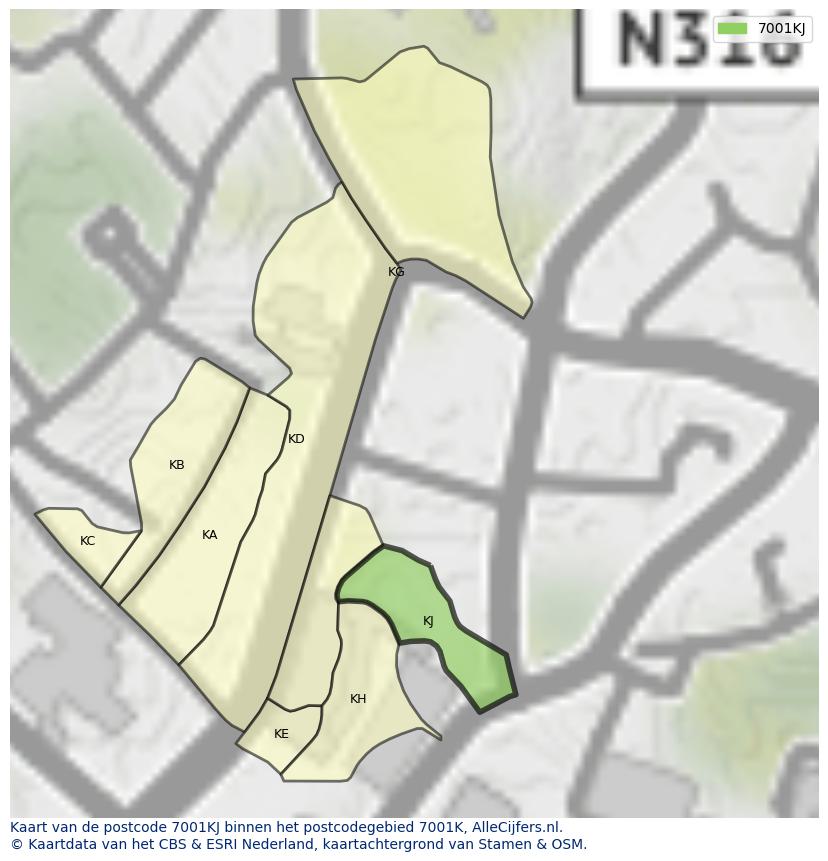 Afbeelding van het postcodegebied 7001 KJ op de kaart.