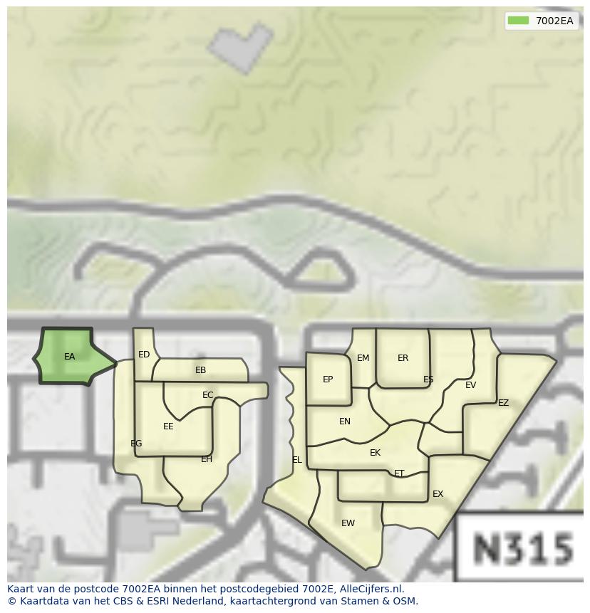 Afbeelding van het postcodegebied 7002 EA op de kaart.