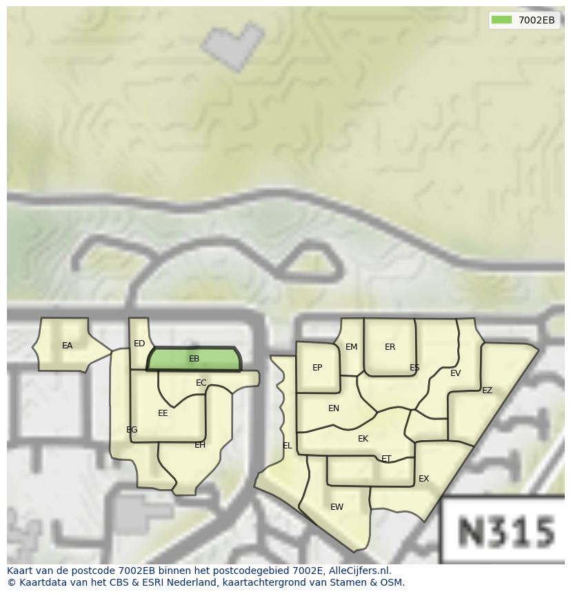 Afbeelding van het postcodegebied 7002 EB op de kaart.