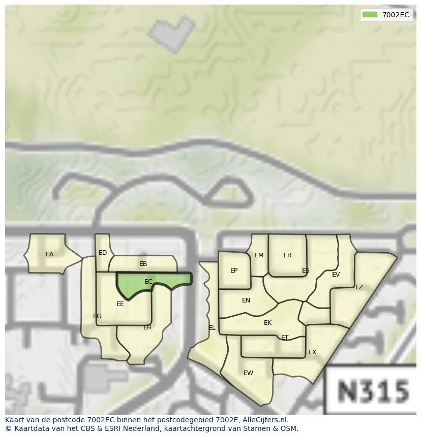 Afbeelding van het postcodegebied 7002 EC op de kaart.