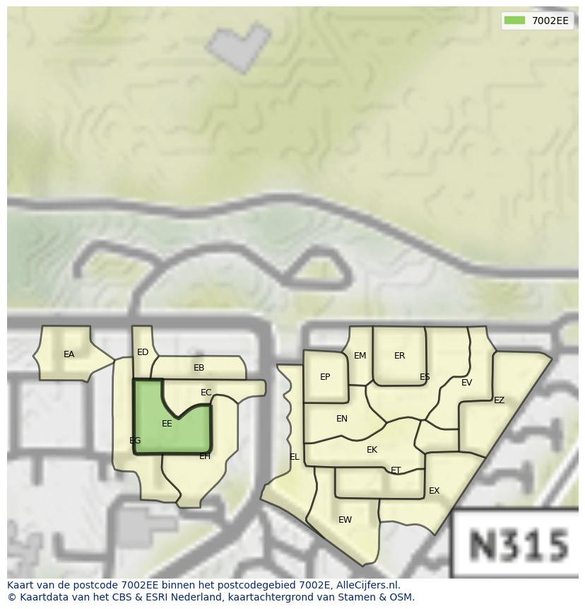 Afbeelding van het postcodegebied 7002 EE op de kaart.